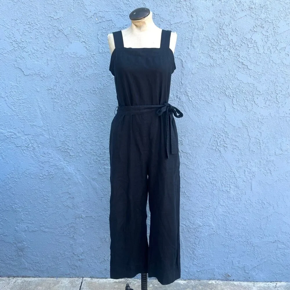 Quince Jumpsuit European Linen Square Neck Jumpsuit Size small Black romper